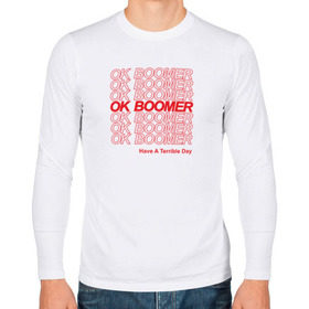 Мужской лонгслив хлопок с принтом OK BOOMER (RED) , 100% хлопок |  | Тематика изображения на принте: boomer | boomers | generation | internet | meme | ok | ok boomer | young | бумеры | зумеры | интернет | мем | молодежь | ок | ок бумер | окей бумер | поколение