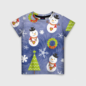 Детская футболка 3D с принтом Снеговики и ёлочки , 100% гипоаллергенный полиэфир | прямой крой, круглый вырез горловины, длина до линии бедер, чуть спущенное плечо, ткань немного тянется | Тематика изображения на принте: 2020 | christmas | happy | merry | new year | в подарок | детский | елки | милый | новый год | поздравить | рождество | с новым годом | с рождеством | снеговик | снеговики | снежинки