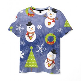 Мужская футболка 3D с принтом Снеговики и ёлочки , 100% полиэфир | прямой крой, круглый вырез горловины, длина до линии бедер | 2020 | christmas | happy | merry | new year | в подарок | детский | елки | милый | новый год | поздравить | рождество | с новым годом | с рождеством | снеговик | снеговики | снежинки