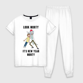 Женская пижама хлопок с принтом LOOK MORTY ITS NEW YEAR MORTY , 100% хлопок | брюки и футболка прямого кроя, без карманов, на брюках мягкая резинка на поясе и по низу штанин | cn_1970499_019061 | rick and morty | мультсериал | новый год | рик и морти | рождество