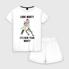 Женская пижама с шортиками хлопок с принтом LOOK MORTY ITS NEW YEAR MORTY , 100% хлопок | футболка прямого кроя, шорты свободные с широкой мягкой резинкой | cn_1970499_019061 | rick and morty | мультсериал | новый год | рик и морти | рождество