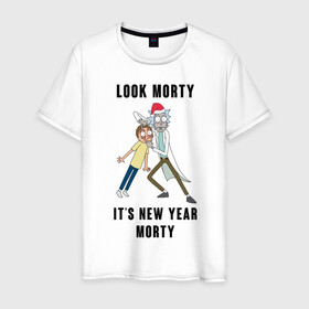 Мужская футболка хлопок с принтом LOOK MORTY ITS NEW YEAR MORTY , 100% хлопок | прямой крой, круглый вырез горловины, длина до линии бедер, слегка спущенное плечо. | cn_1970499_019061 | rick and morty | мультсериал | новый год | рик и морти | рождество