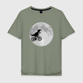 Мужская футболка хлопок Oversize с принтом T-rex Riding a Bike , 100% хлопок | свободный крой, круглый ворот, “спинка” длиннее передней части | moon | велосипед | дино | динозавр | кино | космос | луна | парк юрского периода | планета | тень | тирекс | фильм | юрский период