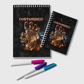 Блокнот с принтом Disturbed , 100% бумага | 48 листов, плотность листов — 60 г/м2, плотность картонной обложки — 250 г/м2. Листы скреплены удобной пружинной спиралью. Цвет линий — светло-серый
 | Тематика изображения на принте: asylum | disturbed | heavy metal | immortalized | the guy | the lost children | группы | метал | рок