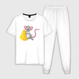 Мужская пижама хлопок с принтом Мышка с сыром , 100% хлопок | брюки и футболка прямого кроя, без карманов, на брюках мягкая резинка на поясе и по низу штанин
 | 