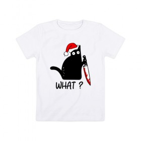 Детская футболка хлопок с принтом Новогодний кот с ножом , 100% хлопок | круглый вырез горловины, полуприлегающий силуэт, длина до линии бедер | cat | kitten | knife | what | дед мороз | кетчуп | кот | котёнок | кошка | кровь | новы год | нож | рождество | что | шапка