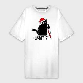 Платье-футболка хлопок с принтом Новогодний кот с ножом ,  |  | cat | kitten | knife | what | дед мороз | кетчуп | кот | котёнок | кошка | кровь | новы год | нож | рождество | что | шапка