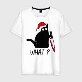 Мужская футболка хлопок с принтом Новогодний кот с ножом , 100% хлопок | прямой крой, круглый вырез горловины, длина до линии бедер, слегка спущенное плечо. | Тематика изображения на принте: cat | kitten | knife | what | дед мороз | кетчуп | кот | котёнок | кошка | кровь | новы год | нож | рождество | что | шапка