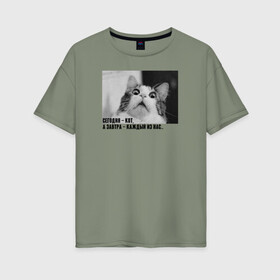 Женская футболка хлопок Oversize с принтом Сегодня-кот, а завтра .. , 100% хлопок | свободный крой, круглый ворот, спущенный рукав, длина до линии бедер
 | викторлетай | кот | котики | мемы | приколы