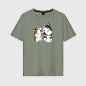 Женская футболка хлопок Oversize с принтом Две Хаски , 100% хлопок | свободный крой, круглый ворот, спущенный рукав, длина до линии бедер
 | две хаски | друзья | питомцы | рисунок | собаки | хаски