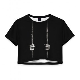 Женская футболка Cropp-top с принтом Взаперти , 100% полиэстер | круглая горловина, длина футболки до линии талии, рукава с отворотами | в темноте | взаперти | руки | тьма