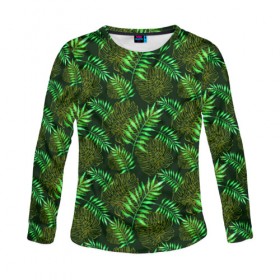 Женский лонгслив 3D с принтом Зеленые тропики , 100% полиэстер | длинные рукава, круглый вырез горловины, полуприлегающий силуэт | гавайи | листья | листья пальм | пальмы | тропики