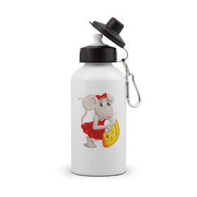 Бутылка спортивная с принтом Милая мышка с сыром , металл | емкость — 500 мл, в комплекте две пластиковые крышки и карабин для крепления | 
