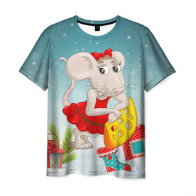 Мужская футболка 3D с принтом Милая мышка с сыром , 100% полиэфир | прямой крой, круглый вырез горловины, длина до линии бедер | Тематика изображения на принте: 2020 | mouse | rat | годкрысы | годмыши | зима | зимняя | крыса | мороз | мышка | мышь | новогодняя | новый год | новый год 2020 | рождество | симолгода | снег | холод