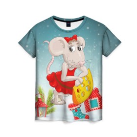 Женская футболка 3D с принтом Милая мышка с сыром , 100% полиэфир ( синтетическое хлопкоподобное полотно) | прямой крой, круглый вырез горловины, длина до линии бедер | 2020 | mouse | rat | годкрысы | годмыши | зима | зимняя | крыса | мороз | мышка | мышь | новогодняя | новый год | новый год 2020 | рождество | симолгода | снег | холод