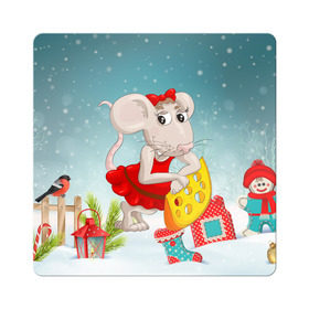 Магнит виниловый Квадрат с принтом Милая мышка с сыром , полимерный материал с магнитным слоем | размер 9*9 см, закругленные углы | 2020 | mouse | rat | годкрысы | годмыши | зима | зимняя | крыса | мороз | мышка | мышь | новогодняя | новый год | новый год 2020 | рождество | симолгода | снег | холод