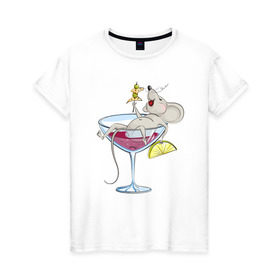 Женская футболка хлопок с принтом Мышка в коктейле , 100% хлопок | прямой крой, круглый вырез горловины, длина до линии бедер, слегка спущенное плечо | 