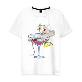 Мужская футболка хлопок с принтом Мышка в коктейле , 100% хлопок | прямой крой, круглый вырез горловины, длина до линии бедер, слегка спущенное плечо. | 