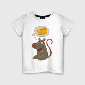 Детская футболка хлопок с принтом Мышка мечтает о сыре , 100% хлопок | круглый вырез горловины, полуприлегающий силуэт, длина до линии бедер | 