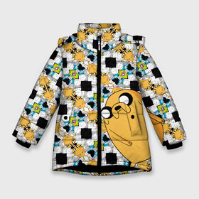 Зимняя куртка для девочек 3D с принтом Jake Adventure Time , ткань верха — 100% полиэстер; подклад — 100% полиэстер, утеплитель — 100% полиэстер. | длина ниже бедра, удлиненная спинка, воротник стойка и отстегивающийся капюшон. Есть боковые карманы с листочкой на кнопках, утяжки по низу изделия и внутренний карман на молнии. 

Предусмотрены светоотражающий принт на спинке, радужный светоотражающий элемент на пуллере молнии и на резинке для утяжки. | adventure time | dsgnosadchaya | vdosadir | время приключений | джейк | пендлтон уорд | финн
