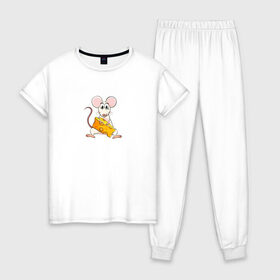 Женская пижама хлопок с принтом Новый Год 2020 (Крыса) , 100% хлопок | брюки и футболка прямого кроя, без карманов, на брюках мягкая резинка на поясе и по низу штанин | 