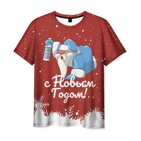 Мужская футболка 3D с принтом Пьяный Дед Мороз , 100% полиэфир | прямой крой, круглый вырез горловины, длина до линии бедер | Тематика изображения на принте: 