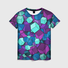 Женская футболка 3D с принтом Кубы , 100% полиэфир ( синтетическое хлопкоподобное полотно) | прямой крой, круглый вырез горловины, длина до линии бедер | абстрактно | абстрактные | абстрактный | абстрактным | абстракция | кубики | кубические | кубический | кубическое | кубы | неон | неонка | неоновые | разноцветные | светящиеся | цветное | цветные