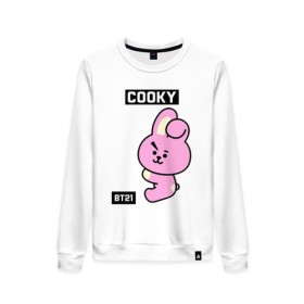 Женский свитшот хлопок с принтом COOKY BT21 , 100% хлопок | прямой крой, круглый вырез, на манжетах и по низу широкая трикотажная резинка  | bt21 | bts | chimmy | cooky | koya | love yourself. | mang | rj | shooky | tata | бт21 | бтс