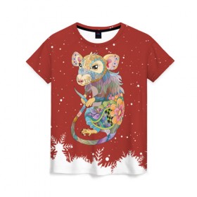 Женская футболка 3D с принтом Крыса 2020 , 100% полиэфир ( синтетическое хлопкоподобное полотно) | прямой крой, круглый вырез горловины, длина до линии бедер | 2020 | mouse | rat | годкрысы | годмыши | зима | зимняя | крыса | мороз | мышка | мышь | новогодняя | новый год | новый год 2020 | рождество | симолгода | снег | холод