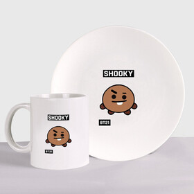 Набор: тарелка + кружка с принтом SHOOKY BT21 , керамика | Кружка: объем — 330 мл, диаметр — 80 мм. Принт наносится на бока кружки, можно сделать два разных изображения. 
Тарелка: диаметр - 210 мм, диаметр для нанесения принта - 120 мм. | bt21 | bts | chimmy | cooky | koya | love yourself. | mang | rj | shooky | tata | бт21 | бтс