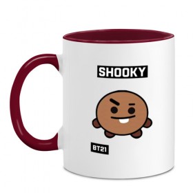 Кружка двухцветная с принтом SHOOKY BT21 , керамика | объем — 330 мл, диаметр — 80 мм. Цветная ручка и кайма сверху, в некоторых цветах — вся внутренняя часть | Тематика изображения на принте: bt21 | bts | chimmy | cooky | koya | love yourself. | mang | rj | shooky | tata | бт21 | бтс