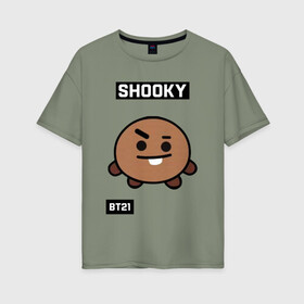 Женская футболка хлопок Oversize с принтом SHOOKY BT21 , 100% хлопок | свободный крой, круглый ворот, спущенный рукав, длина до линии бедер
 | bt21 | bts | chimmy | cooky | koya | love yourself. | mang | rj | shooky | tata | бт21 | бтс