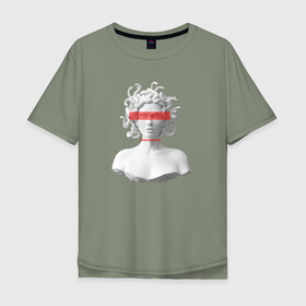 Мужская футболка хлопок Oversize с принтом Медуза Горгона , 100% хлопок | свободный крой, круглый ворот, “спинка” длиннее передней части | девушка | медуза горгона | миф | полосы | скульптура | стиль
