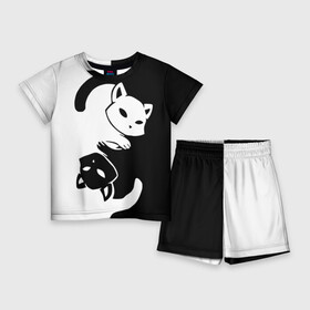 Детский костюм с шортами 3D с принтом ДВА КОТА КУВЫРКАЮТСЯ. ,  |  | black white | два кота кувыркаются | животные | котики | коты | черно белое