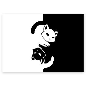 Поздравительная открытка с принтом ДВА КОТА КУВЫРКАЮТСЯ. , 100% бумага | плотность бумаги 280 г/м2, матовая, на обратной стороне линовка и место для марки
 | black white | два кота кувыркаются | животные | котики | коты | черно белое