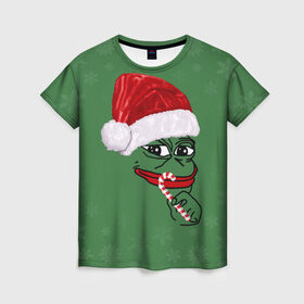 Женская футболка 3D с принтом Christmas Pepe , 100% полиэфир ( синтетическое хлопкоподобное полотно) | прямой крой, круглый вырез горловины, длина до линии бедер | 