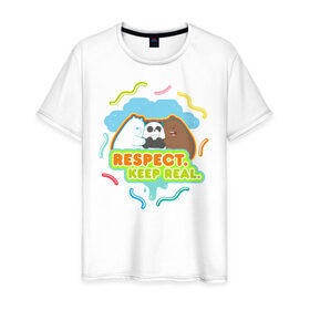 Мужская футболка хлопок с принтом Respect keep real , 100% хлопок | прямой крой, круглый вырез горловины, длина до линии бедер, слегка спущенное плечо. | baby bears | bare bears | charle and bears | dsgngerzen | grizz | isebear | panda | panpan | selfie panpan | vdgerir | вся правда о медведях