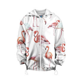 Детская куртка 3D с принтом Розовый фламинго , 100% полиэстер | застежка — молния, подол и капюшон оформлены резинкой с фиксаторами, по бокам — два кармана без застежек, один потайной карман на груди, плотность верхнего слоя — 90 г/м2; плотность флисового подклада — 260 г/м2 | Тематика изображения на принте: 