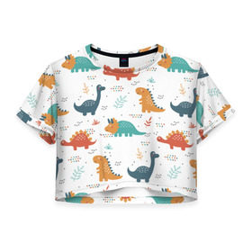 Женская футболка Cropp-top с принтом Милые динозавры , 100% полиэстер | круглая горловина, длина футболки до линии талии, рукава с отворотами | dinosaurs | динозавр | динозавры | животные | игрушки | мульт динозавры | мультяшки динозавры | тиранозавр