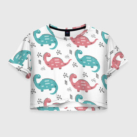 Женская футболка Cropp-top с принтом Милые динозаврики , 100% полиэстер | круглая горловина, длина футболки до линии талии, рукава с отворотами | dinosaurs | динозавр | динозавры | животные | игрушки | мульт динозавры | мультяшки динозавры | тиранозавр