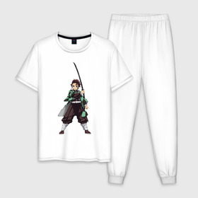 Мужская пижама хлопок с принтом Tanjirou Kamado , 100% хлопок | брюки и футболка прямого кроя, без карманов, на брюках мягкая резинка на поясе и по низу штанин
 | demon | demon slaying corps | kamado | slayer | tanjirou | камадо | танджиро | тандзиро