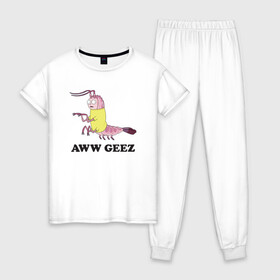 Женская пижама хлопок с принтом AWW GEEZ , 100% хлопок | брюки и футболка прямого кроя, без карманов, на брюках мягкая резинка на поясе и по низу штанин | 4сезон | rick and morty | мультсериал | рик и морти