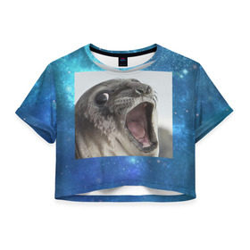 Женская футболка Cropp-top с принтом Тюлень , 100% полиэстер | круглая горловина, длина футболки до линии талии, рукава с отворотами | Тематика изображения на принте: животное | забавный | мем | тюлень | я