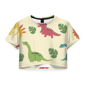 Женская футболка Cropp-top с принтом Динозаврики , 100% полиэстер | круглая горловина, длина футболки до линии талии, рукава с отворотами | dinosaurs | динозавр | динозавры | животные | игрушки | мульт динозавры | мультяшки динозавры | тиранозавр