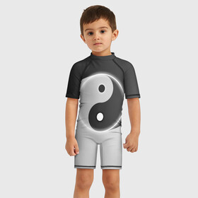 Детский купальный костюм 3D с принтом Инь   янь (с двух сторон) , Полиэстер 85%, Спандекс 15% | застежка на молнии на спине | black | signs | white. | ying   yang | белый | знаки | инь   янь | чёрный