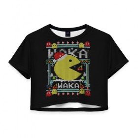 Женская футболка Cropp-top с принтом Pac-man sweater , 100% полиэстер | круглая горловина, длина футболки до линии талии, рукава с отворотами | cherry | christmas | holyday | new | pac man | pacman | snow | snowflakes | sweater | three | xmas | year | вишня | год | елка | клубника | новый | пакман | праздник | рождество | свитер