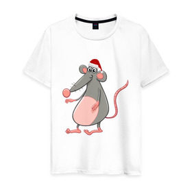 Мужская футболка хлопок с принтом Новогодняя Крыска , 100% хлопок | прямой крой, круглый вырез горловины, длина до линии бедер, слегка спущенное плечо. | 