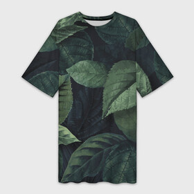 Платье-футболка 3D с принтом Лесная маскировка ,  |  | branch | foliage | leafy | nature | ветка | веточка | зеленый | лист | листочки | листья | природа | черный