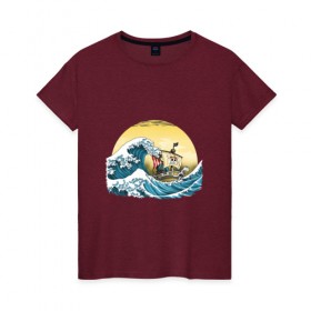 Женская футболка хлопок с принтом Ван-Пис : Большая волна , 100% хлопок | прямой крой, круглый вырез горловины, длина до линии бедер, слегка спущенное плечо | 