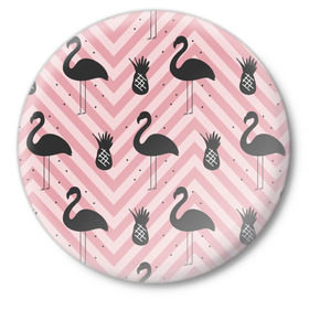 Значок с принтом Черный фламинго ,  металл | круглая форма, металлическая застежка в виде булавки | Тематика изображения на принте: animal | bird | flamingo | pink | pnik flamingo | животные | птицы | розовый | розовый фламинго | фламинго